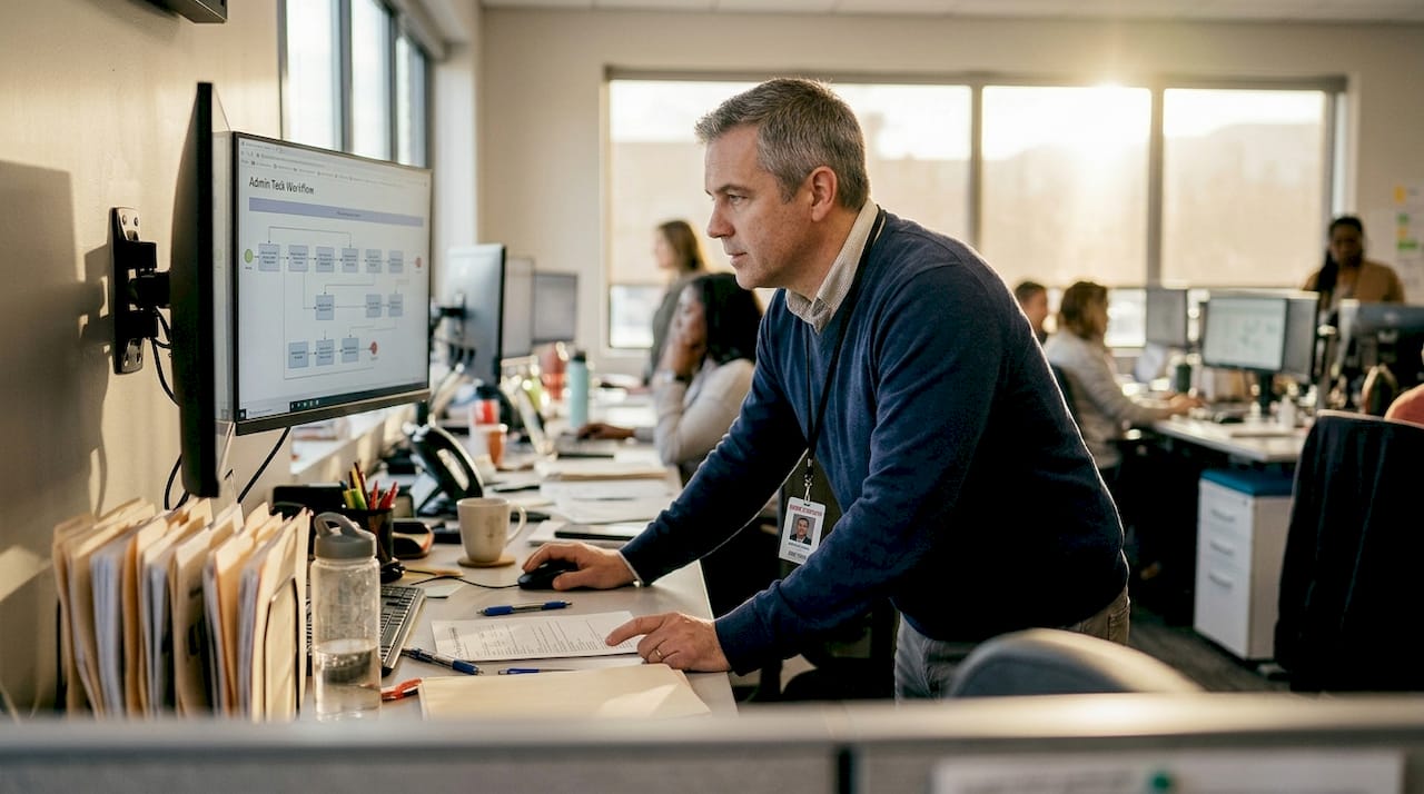 IT specialist reviews admin workflow diagram