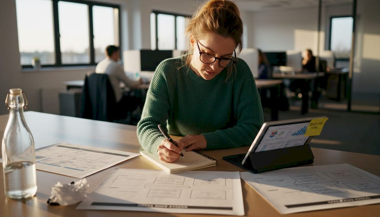 Analyst comparing AI metrics at workspace