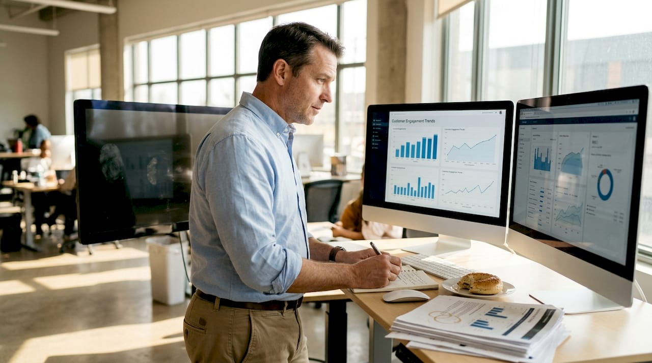 Owner reviewing chatbot customer engagement analytics