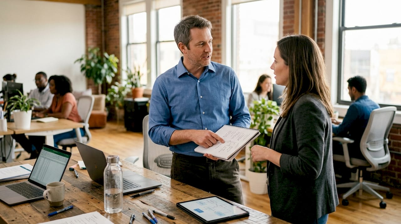 Tech leader discussing workflow in hybrid office