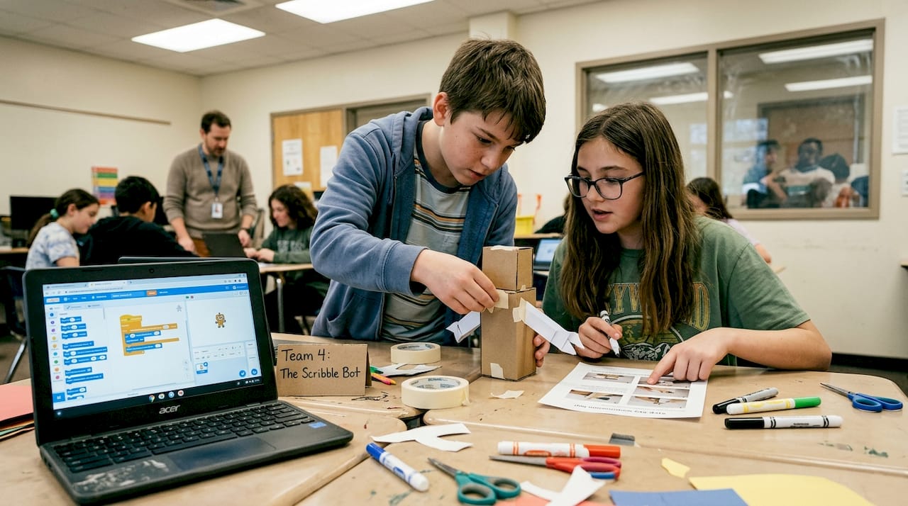 Students collaborating on hands-on AI project