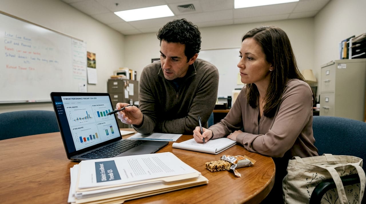 School administrators reviewing predictive analytics dashboard