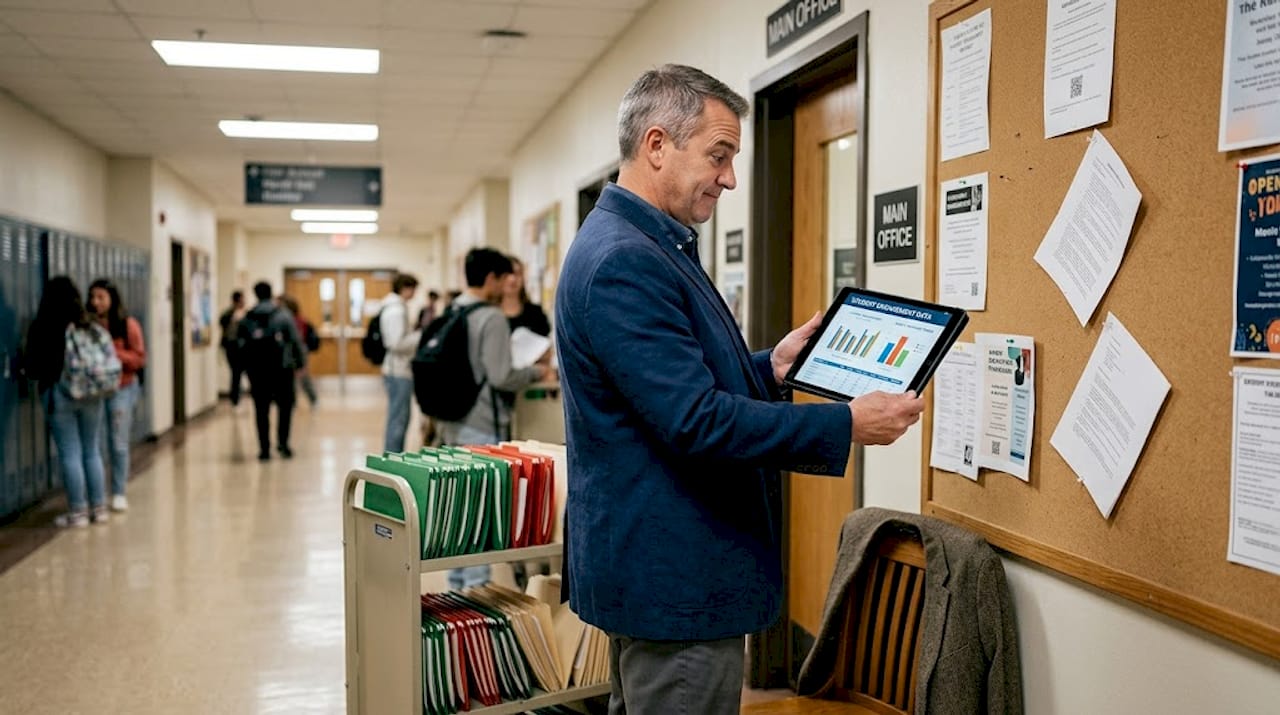 Principal reviewing student discipline data on tablet