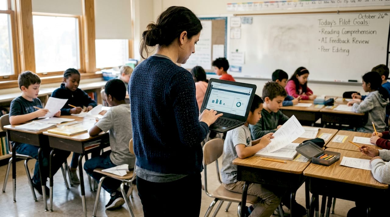 Teacher reviewing AI results during classroom pilot