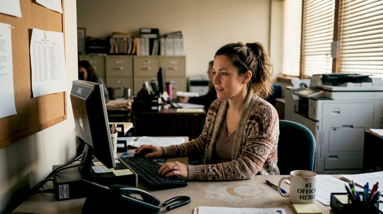 School staff manages tasks with computer