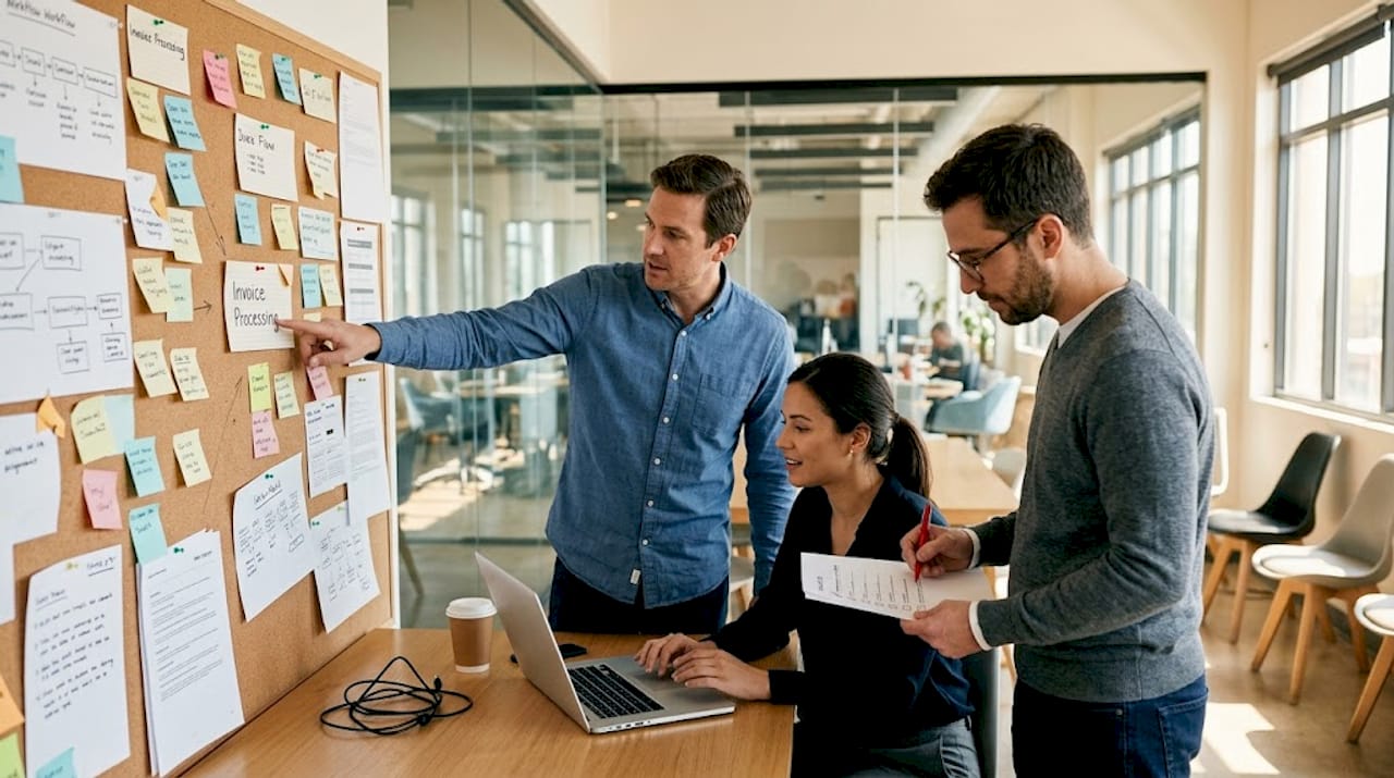 Team discussing automation on corkboard