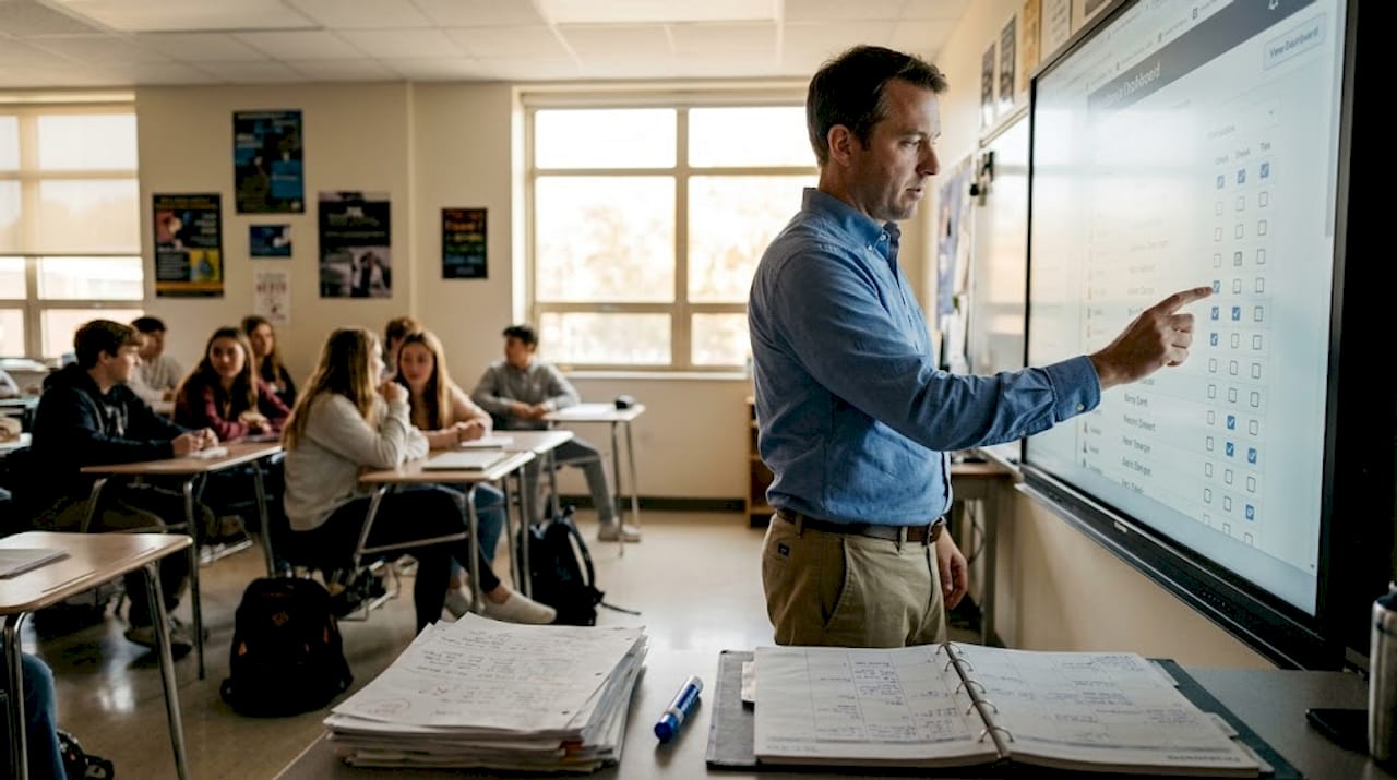 Teacher at smartboard managing digital attendance