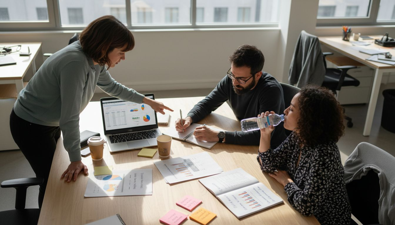 Une équipe réunit autour d’une table échange et analyse des données pour avancer sur un projet.