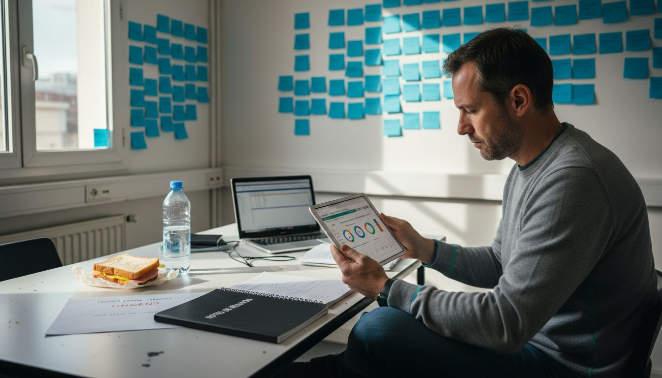 Assis à son bureau, le responsable passe en revue les rapports issus des outils marketing afin d’analyser les performances et d’ajuster la stratégie.