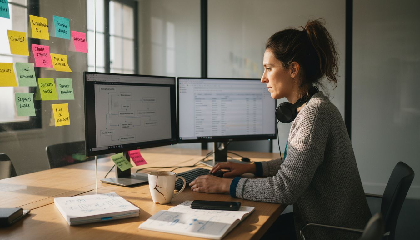 Un professionnel installe et configure l’automatisation de son CRM depuis son bureau.