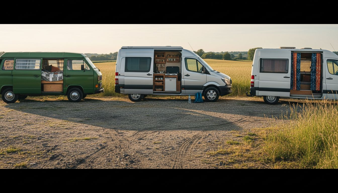 Plusieurs vans aménagés sont installés au cœur de la campagne française, profitant du calme et de la beauté des paysages.