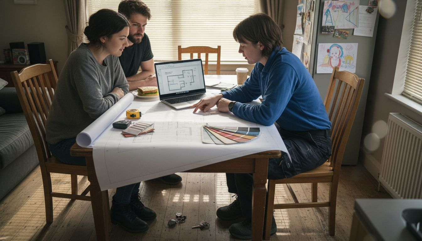 Homeowners meet contractor reviewing ADU blueprints