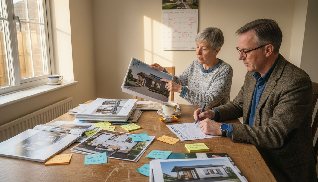 Couple compares builder portfolios at dining table