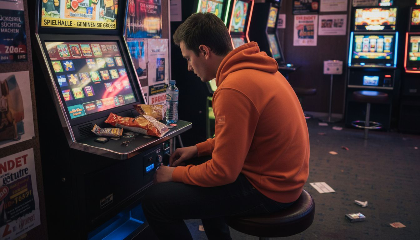 In einer Spielhalle sitzt eine Person alleine an einem Automaten und spielt.