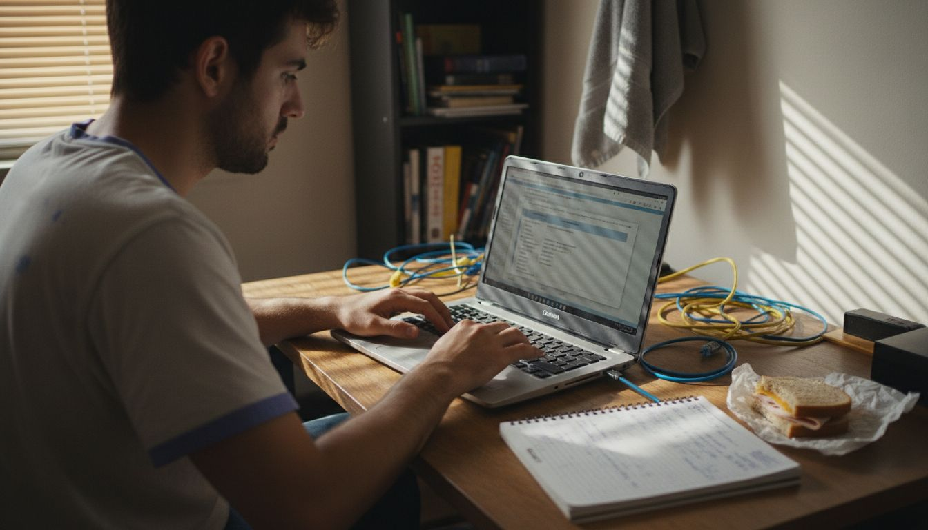 Man taking CCNA practice exam at desk
