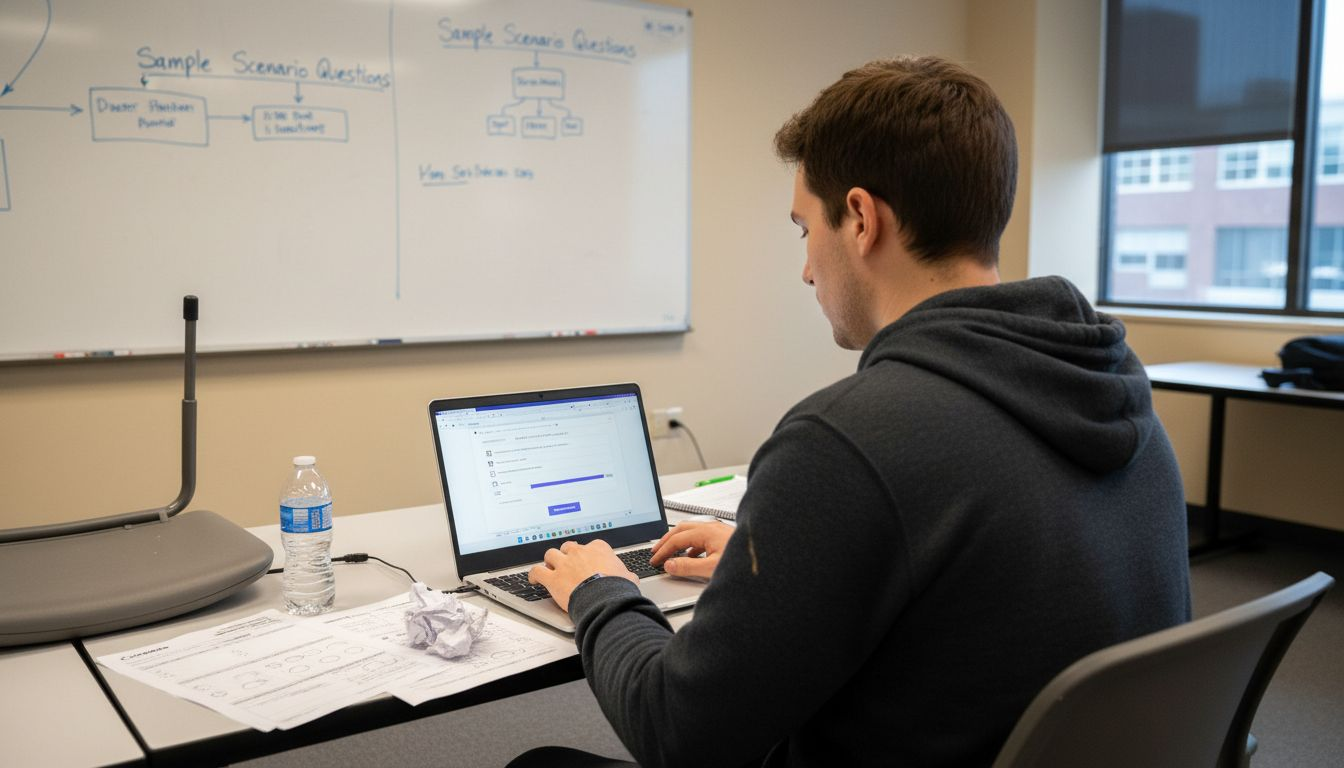 Training room scene with tech exam practice