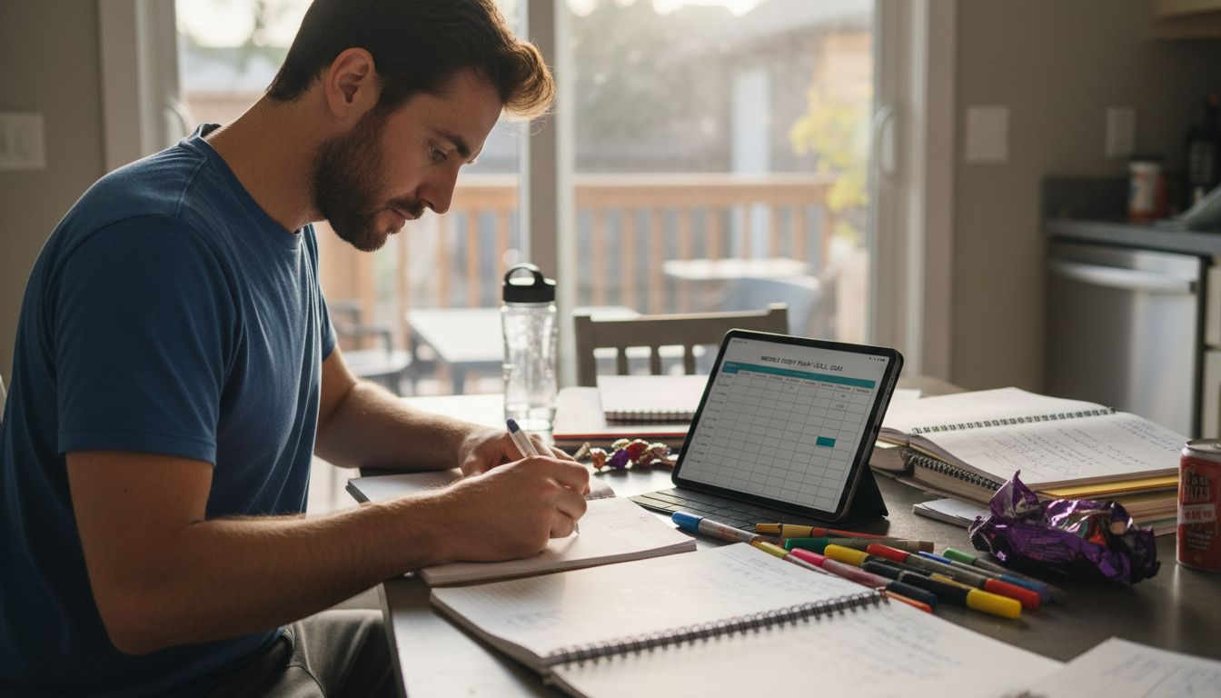 Man writing tech study goals at kitchen table