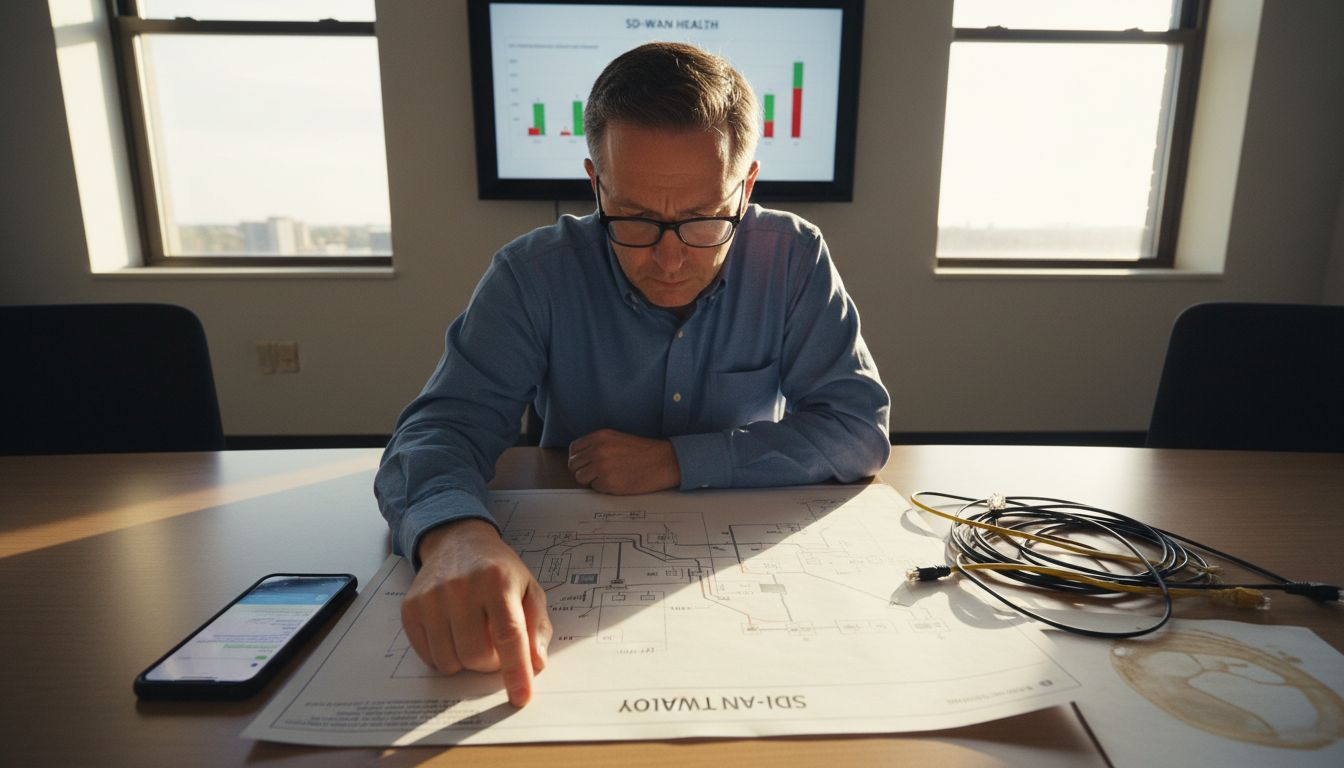 Engineer reviewing SD-WAN topology diagram