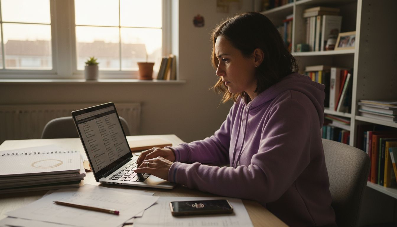 Woman practices exam questions at home