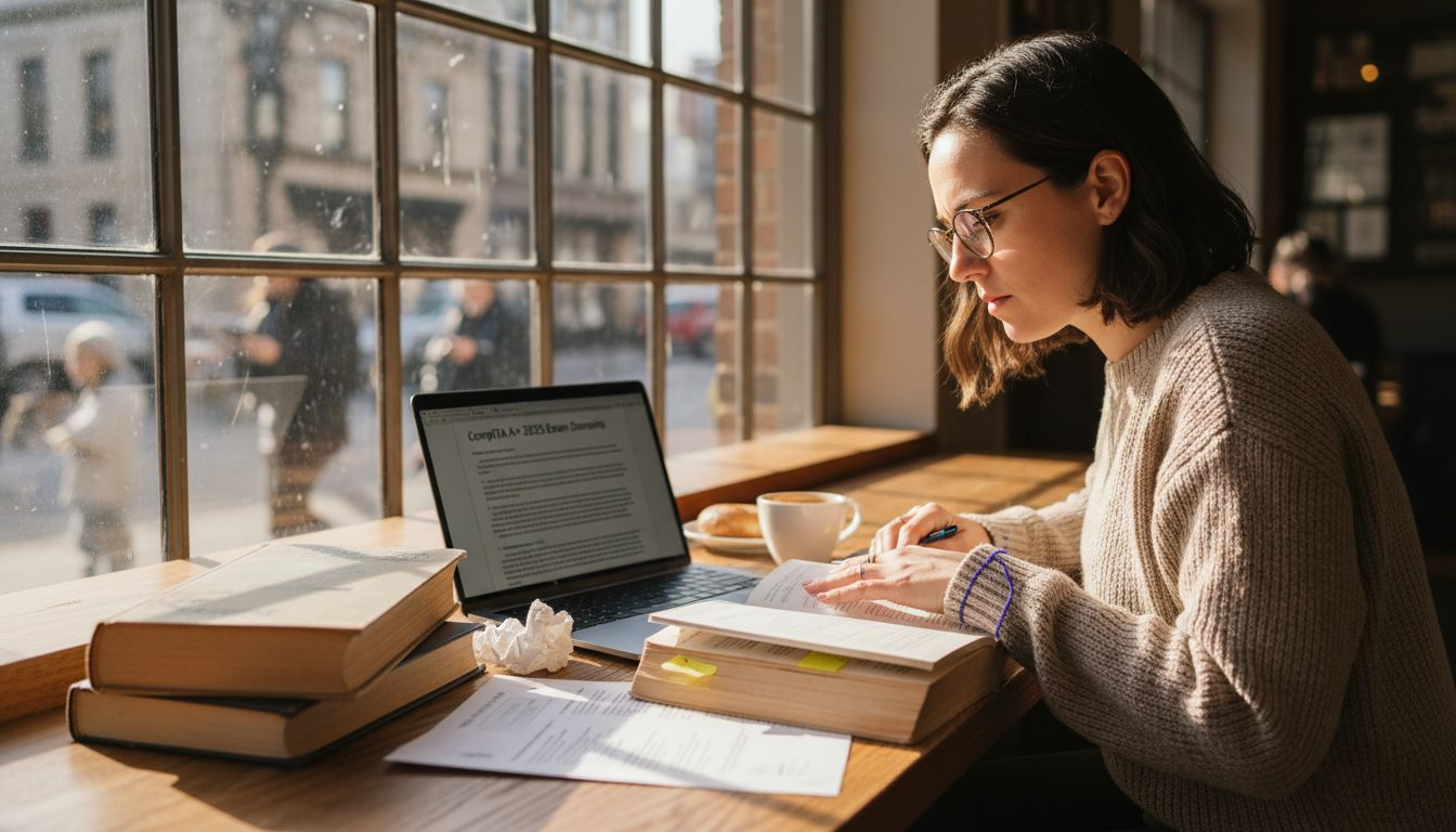 Candidate reviewing A+ exam domains in café