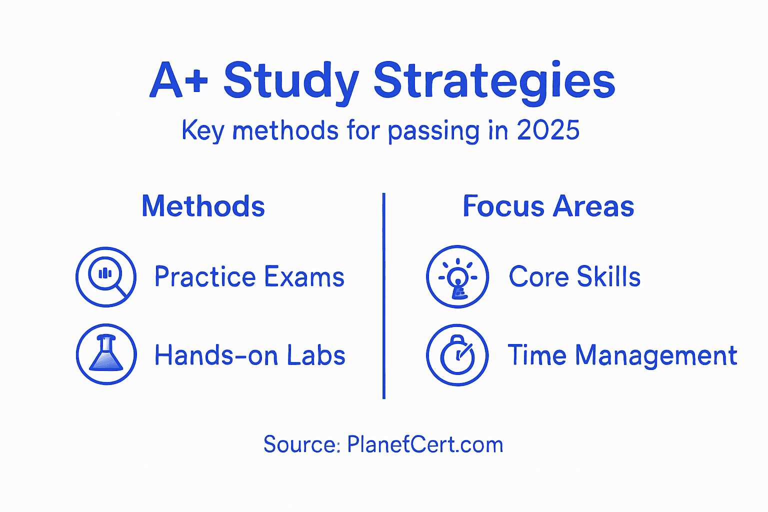 Infographic showing A+ exam study strategies