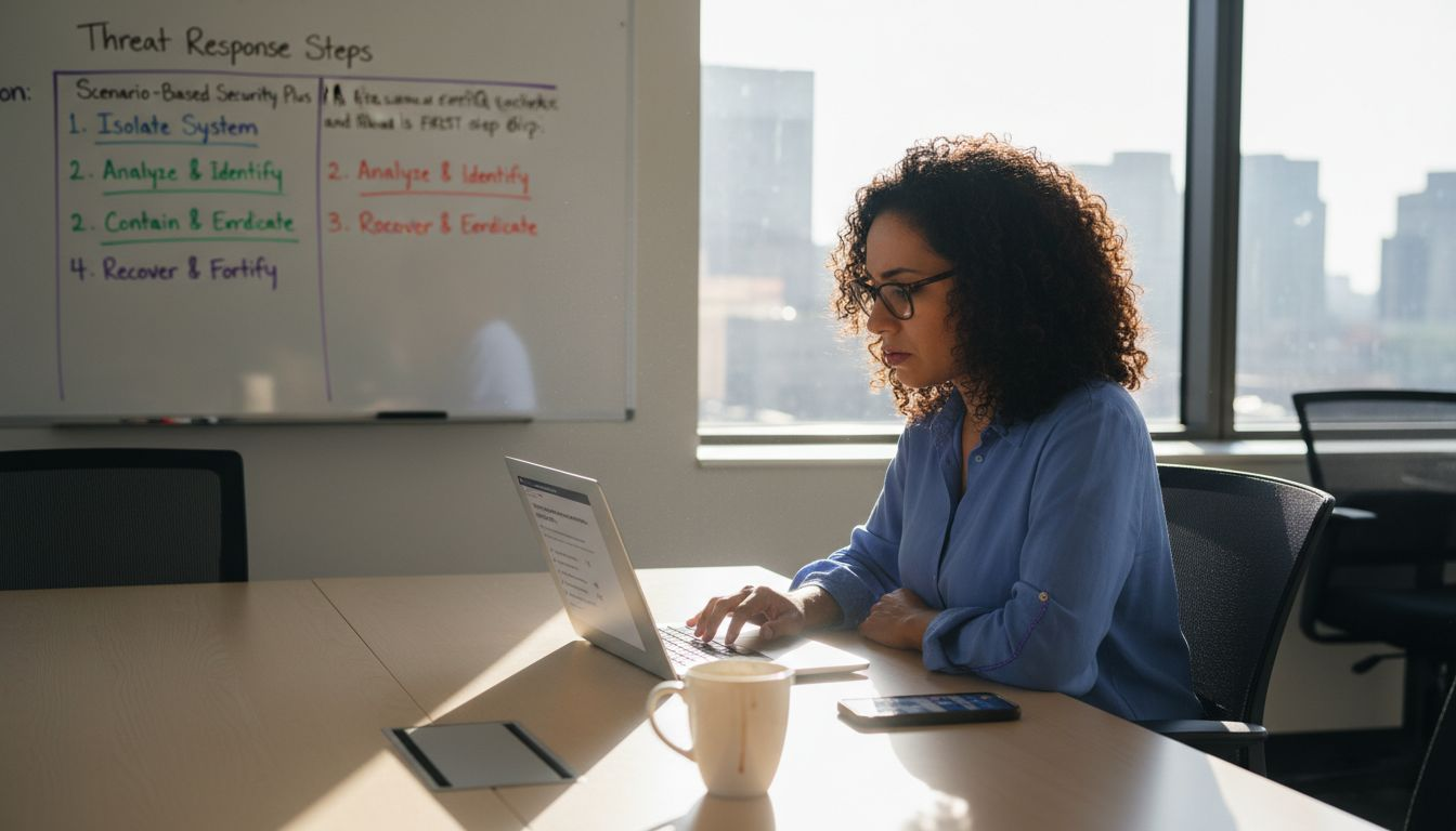Woman working on Security Plus scenario in office
