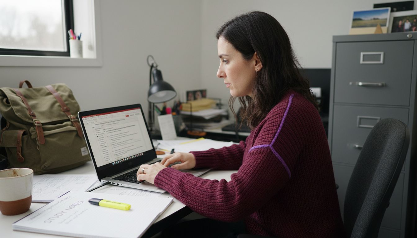Woman taking practice exam on laptop