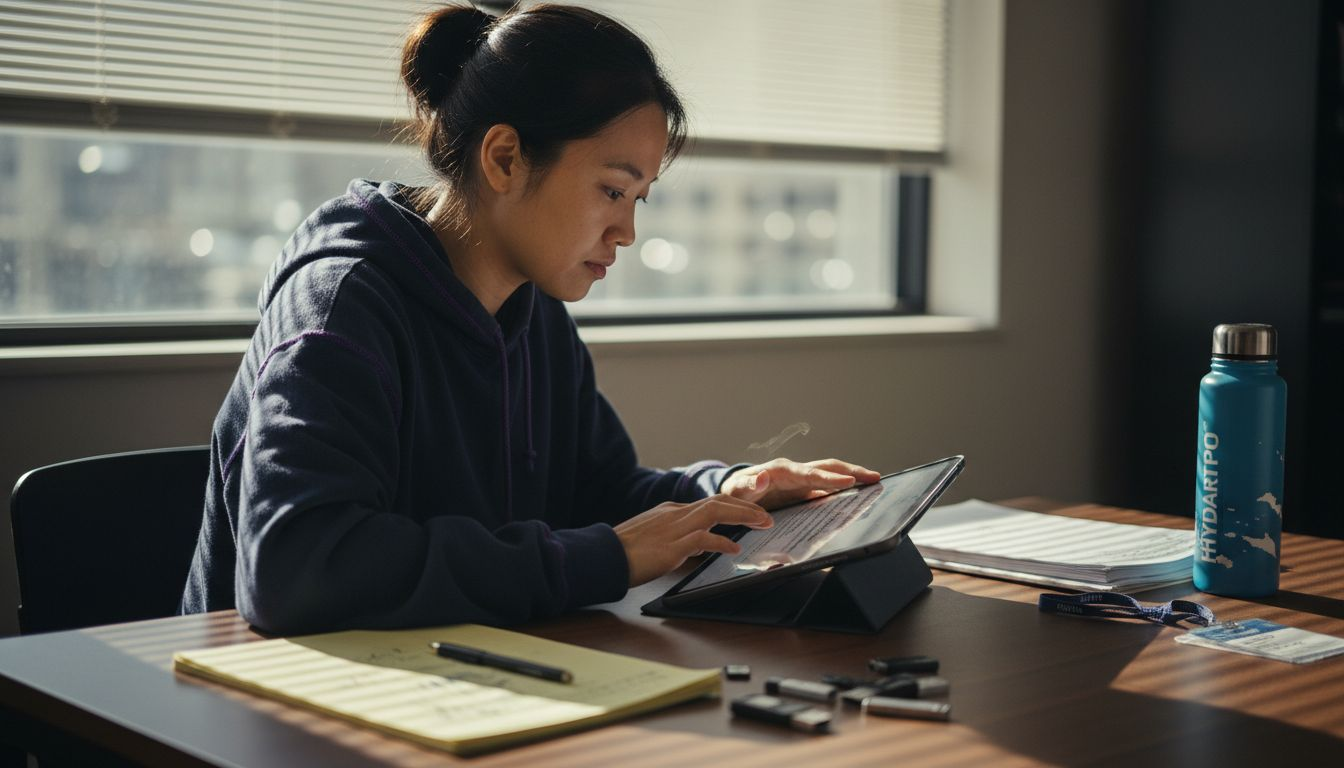 Woman studying Cisco exam in office