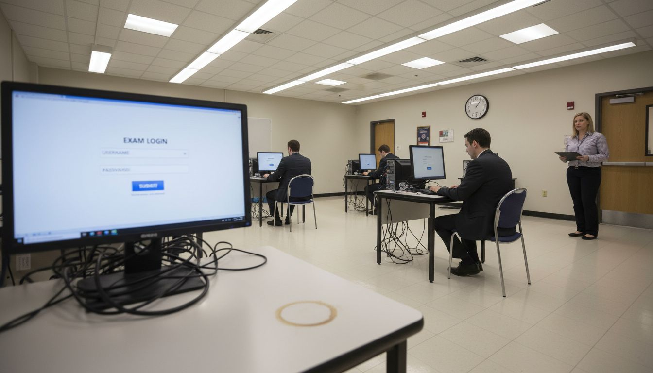 Test-takers in cybersecurity exam room monitored by proctor