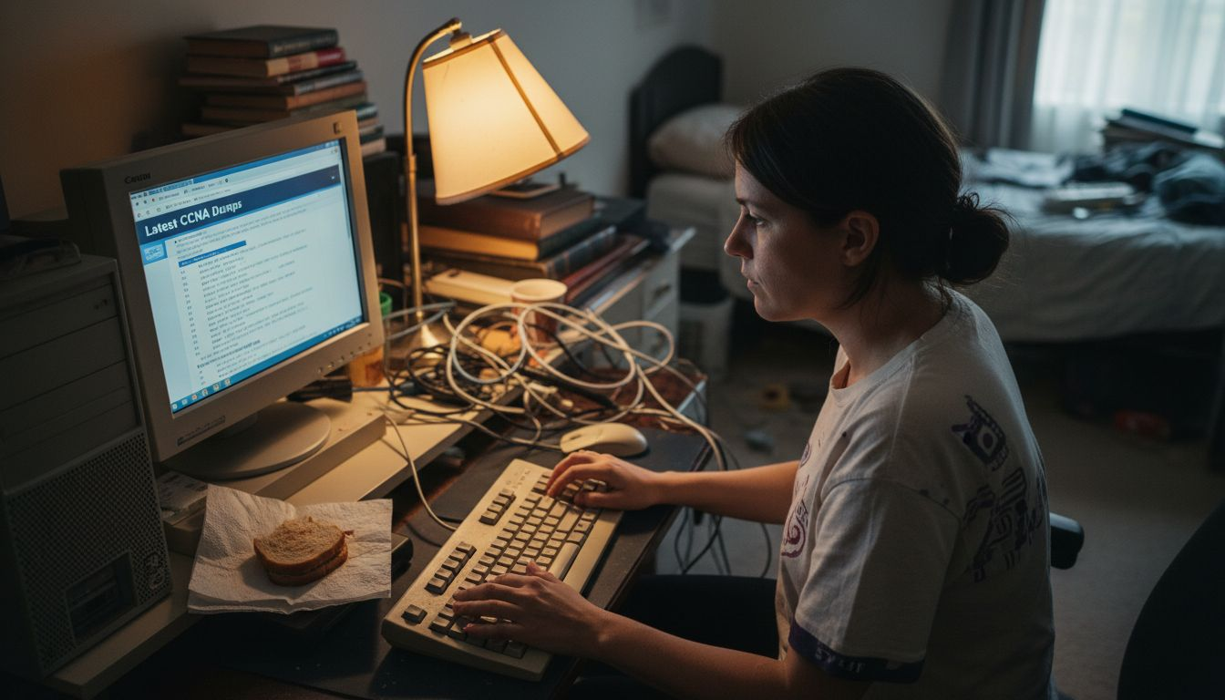 Woman browsing exam dumps on a tech forum