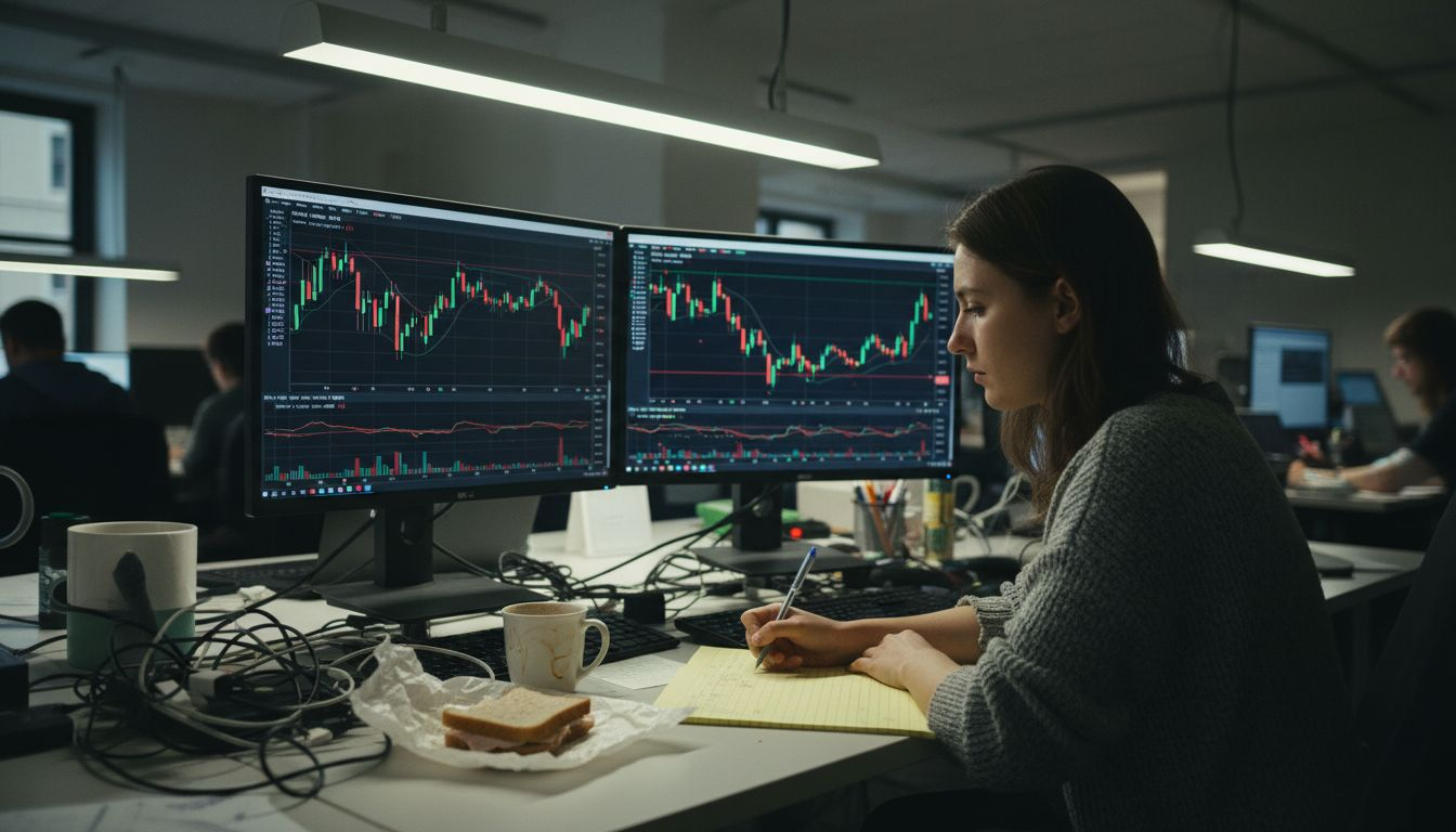 Trader analyzing charts on MT5 with notes