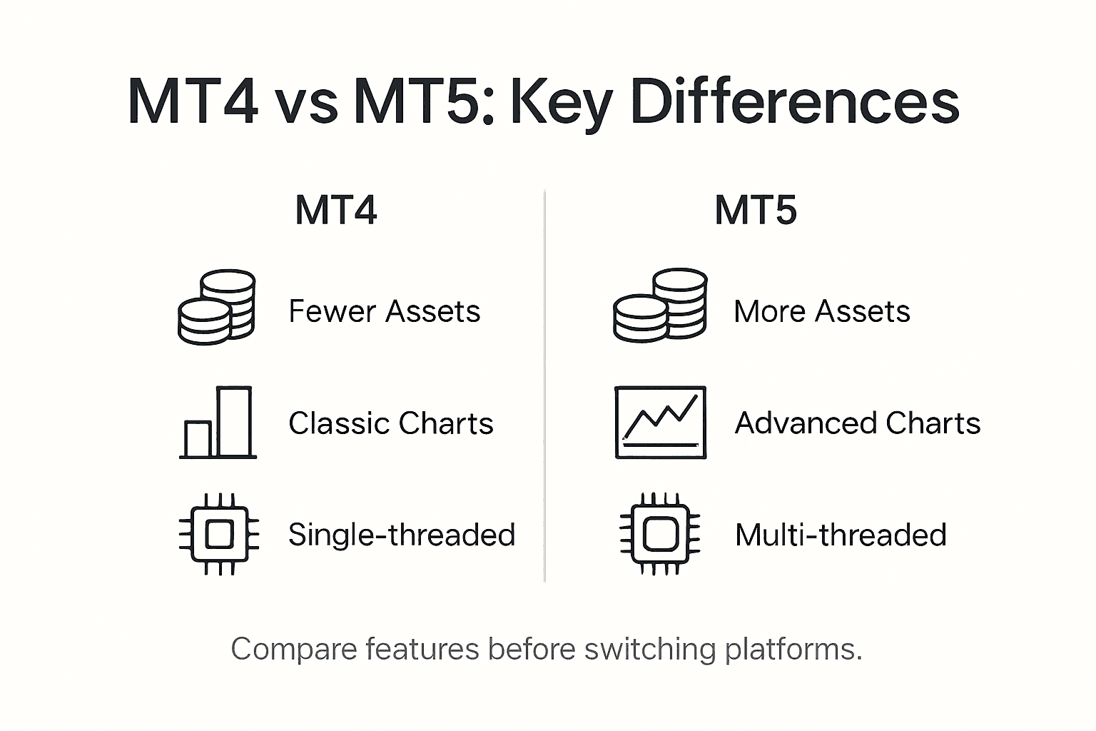 Infographic comparing MT4 and MT5 features