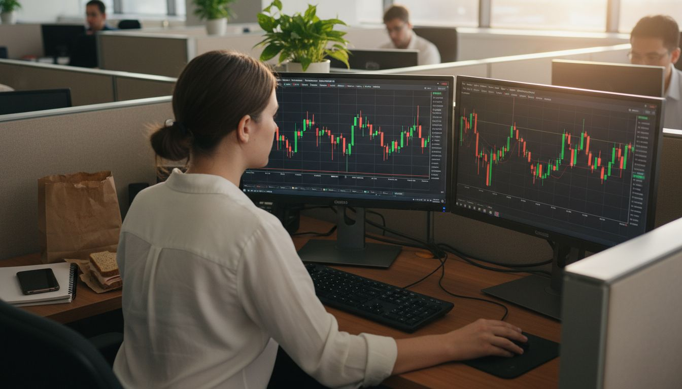 Woman runs trading algorithms at shared workspace monitors