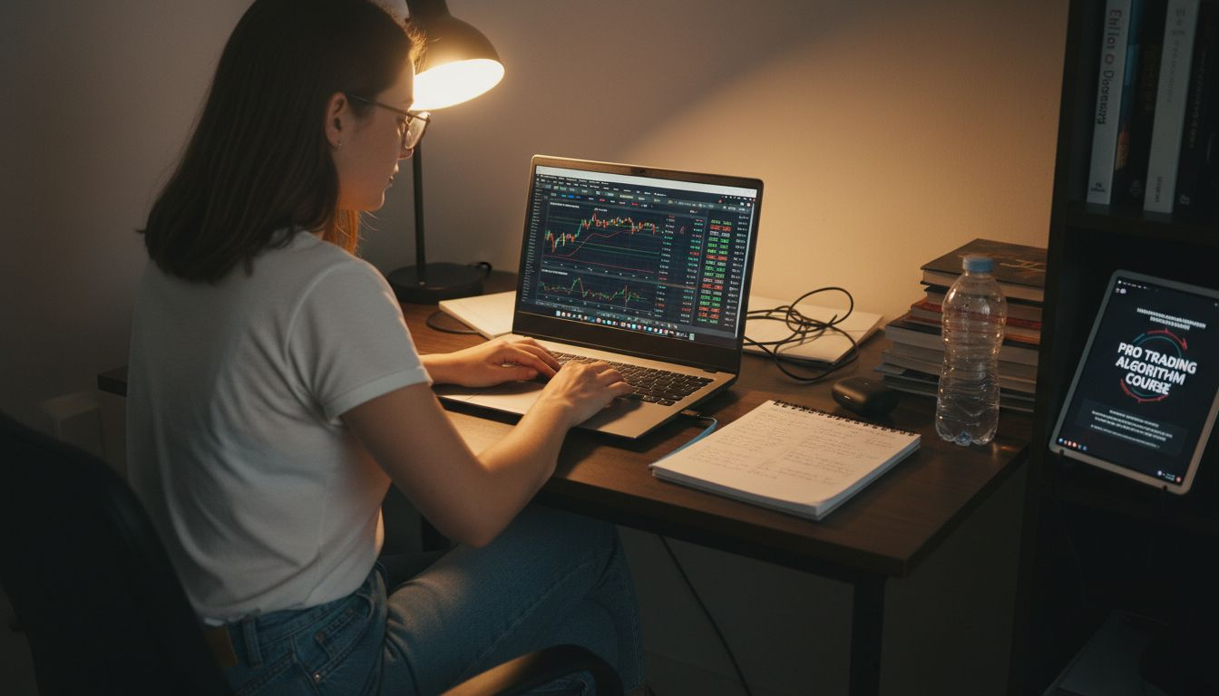 Woman configures forex trading algorithm at home