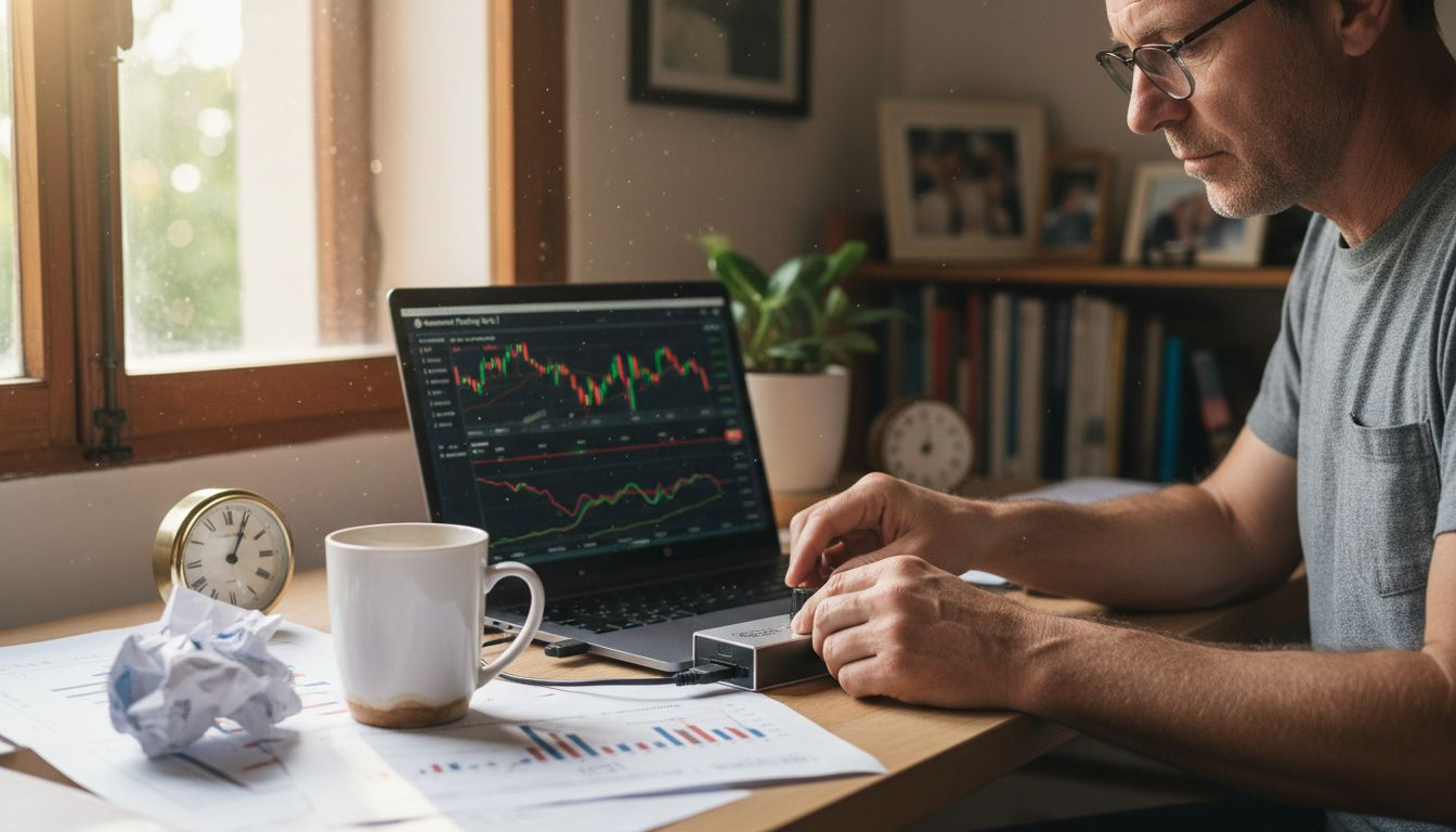 Person adjusting forex robot device at desk