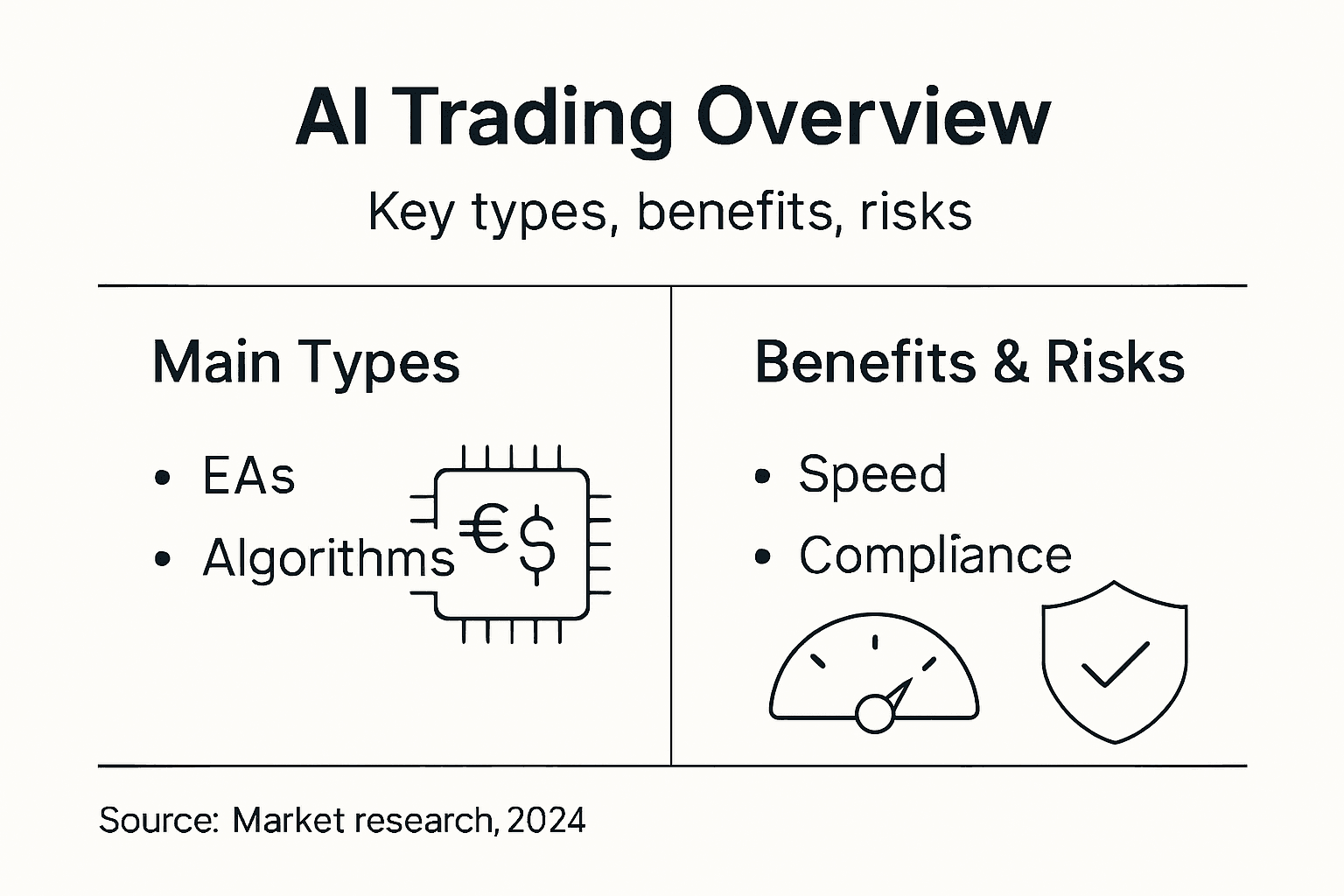 Infographic of AI trading types, benefits, risks