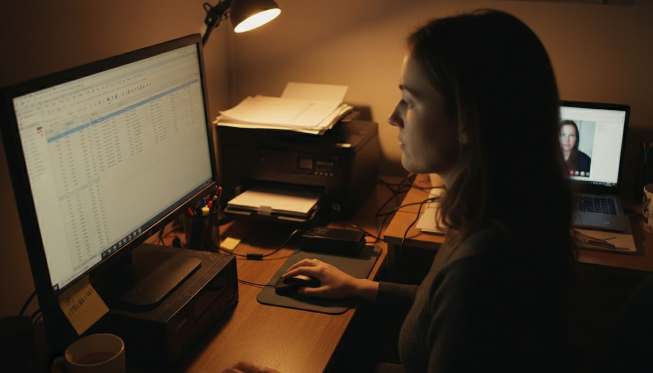 Woman reviewing EA logs in secure home office