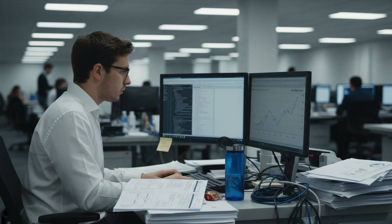 Analyst working on AI forex algorithm station