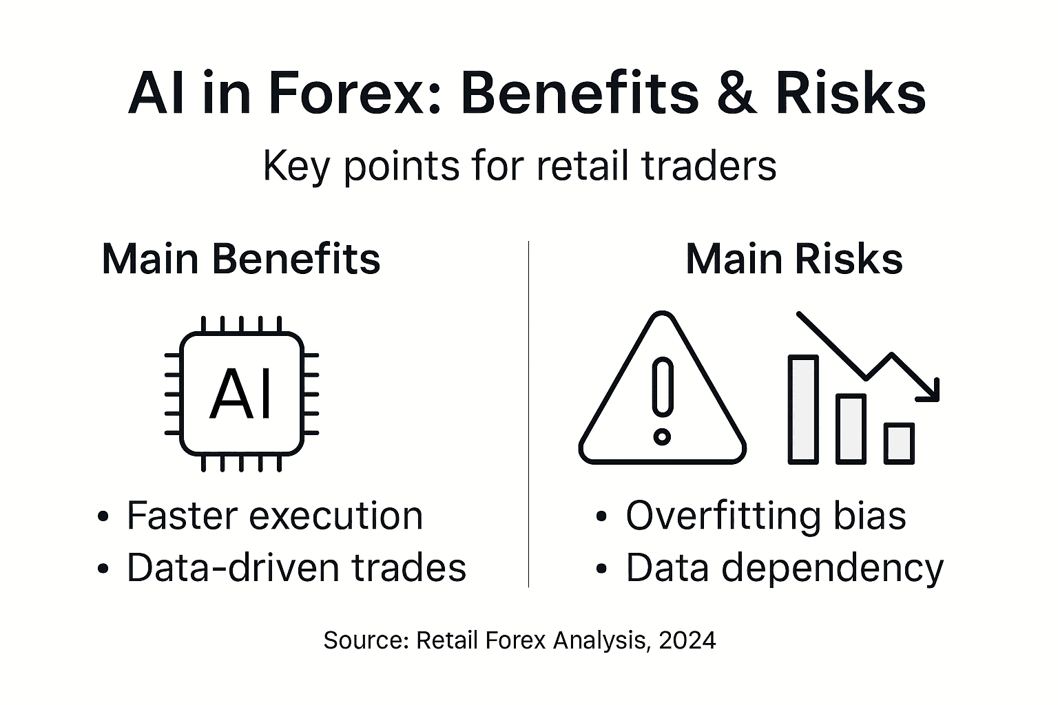 Infographic showing AI forex trading benefits and risks