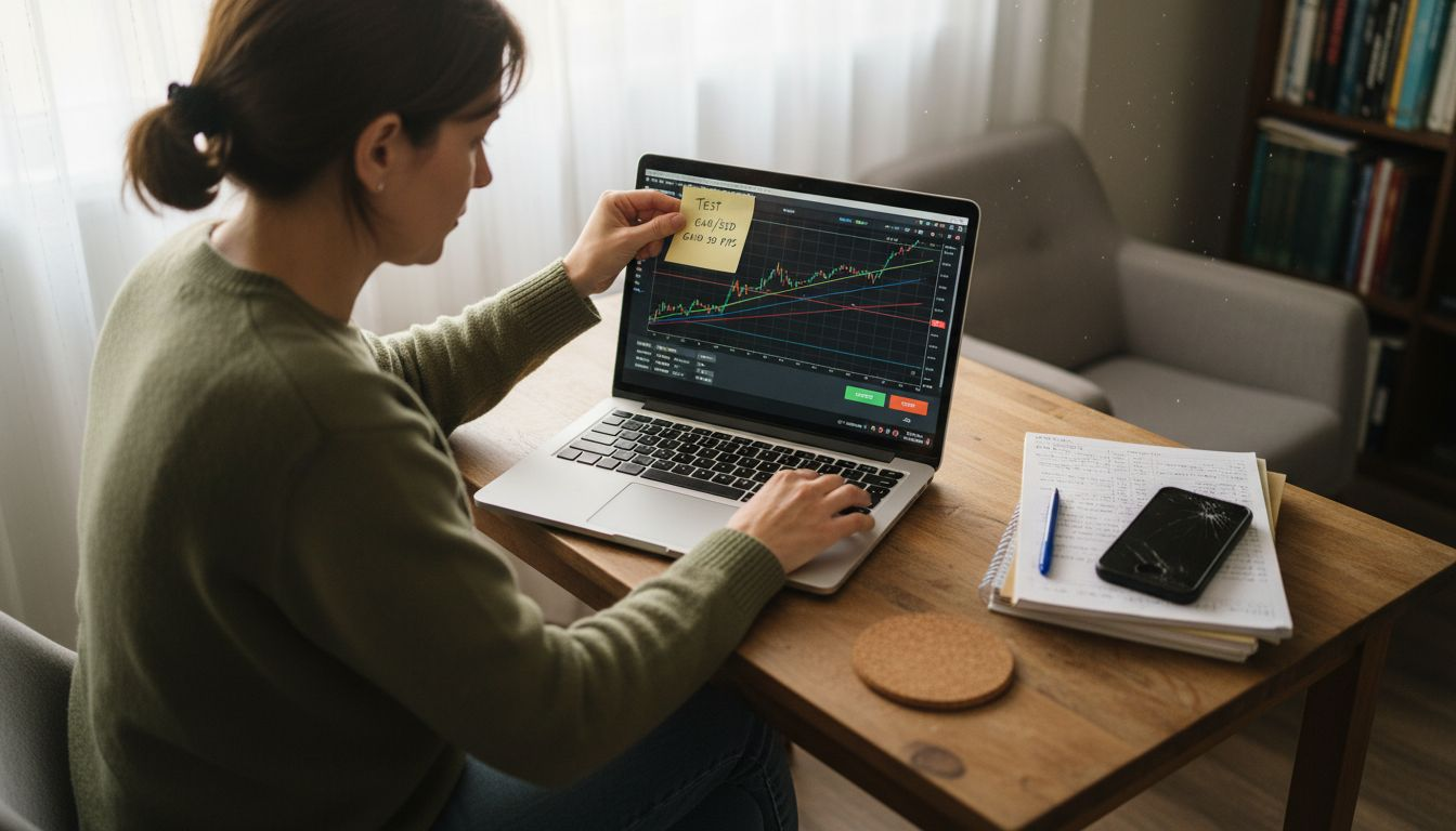 Trader setting up grid robot at laptop