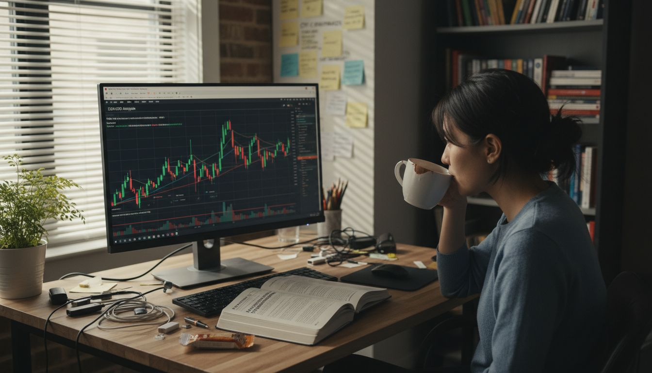 Woman studying forex charts at home desk