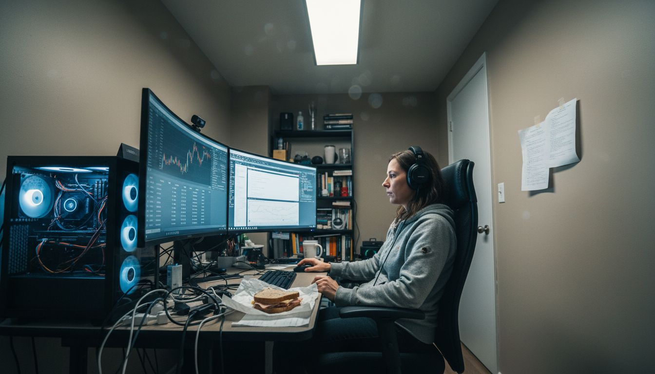 Woman monitors automated trades at cluttered workstation