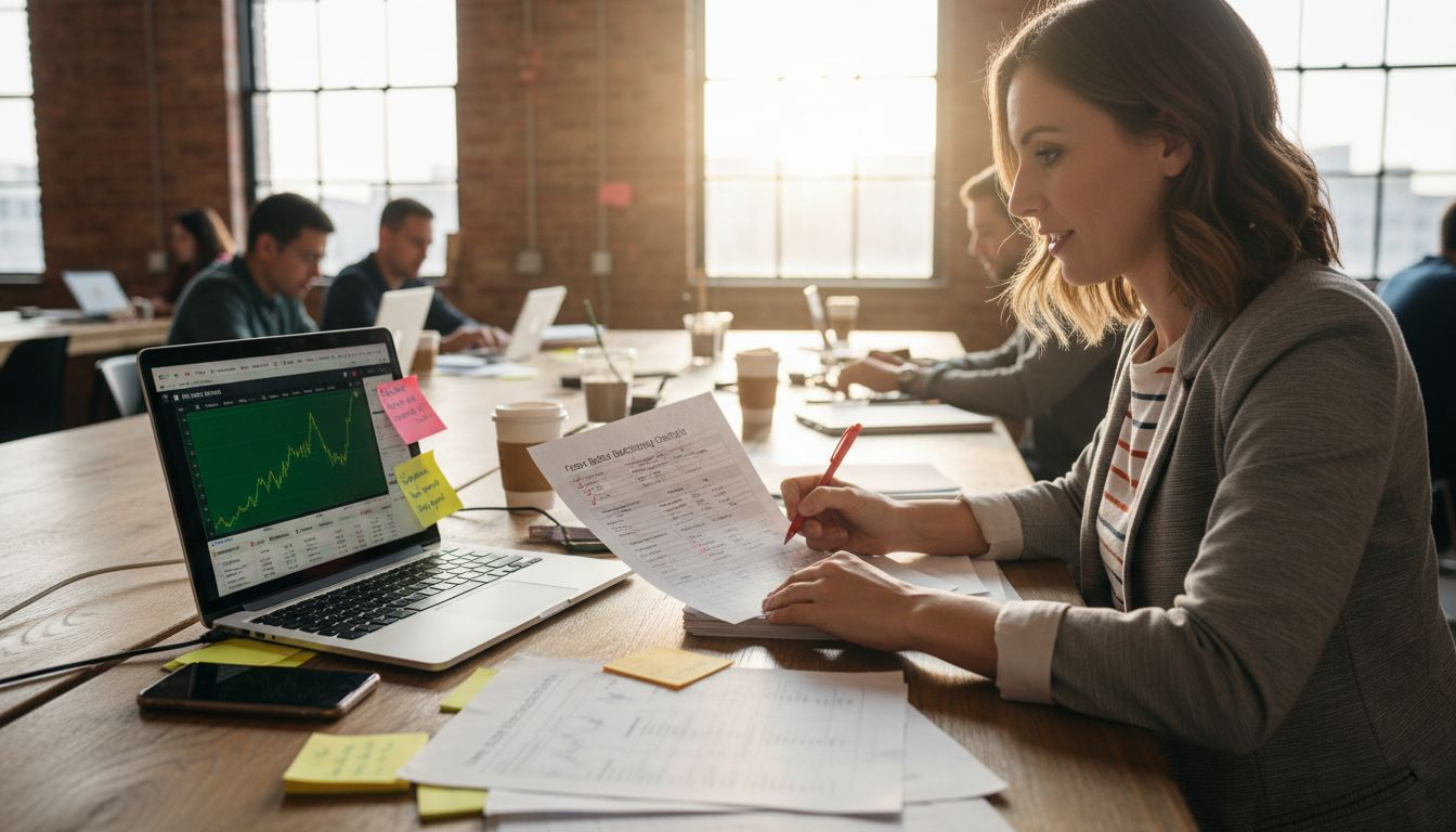 Woman reviewing robot testing checklist in co-working space