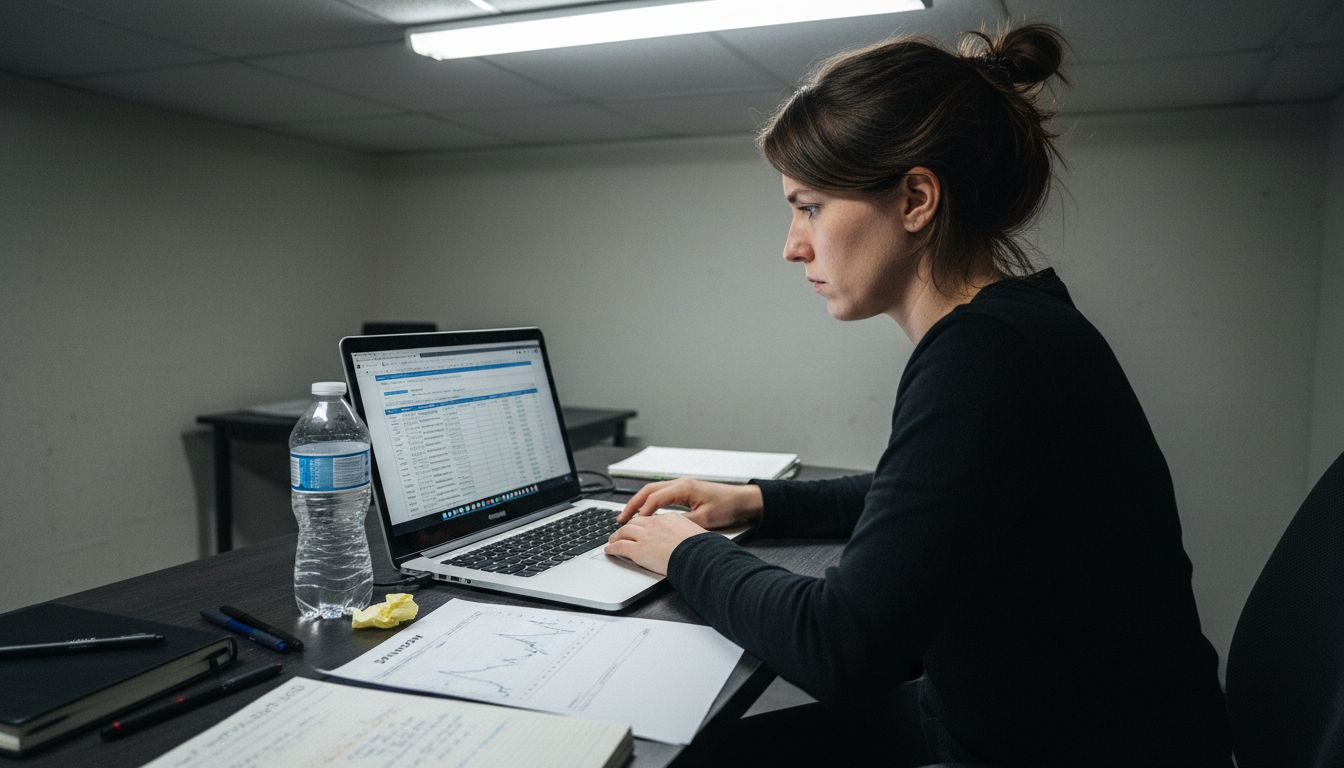 Analyst reviewing trading robot performance metrics