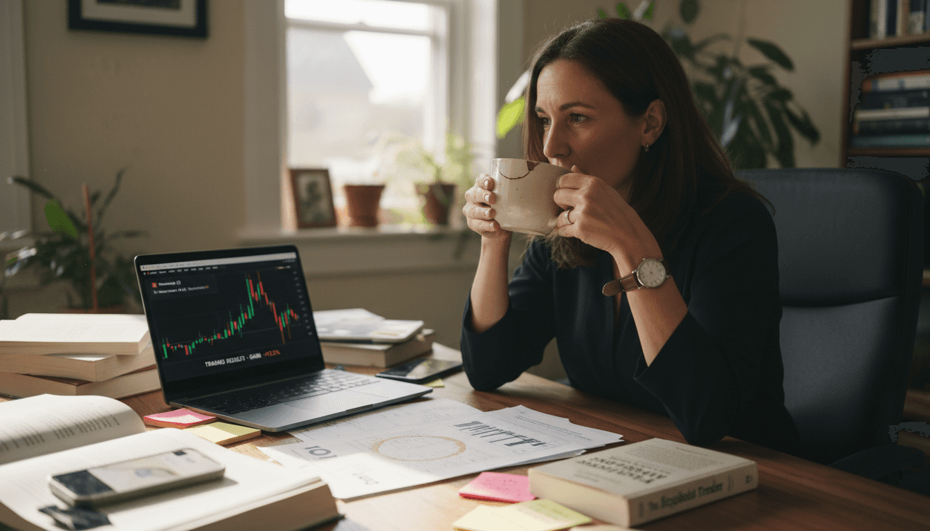 Woman checks automated trading results at desk