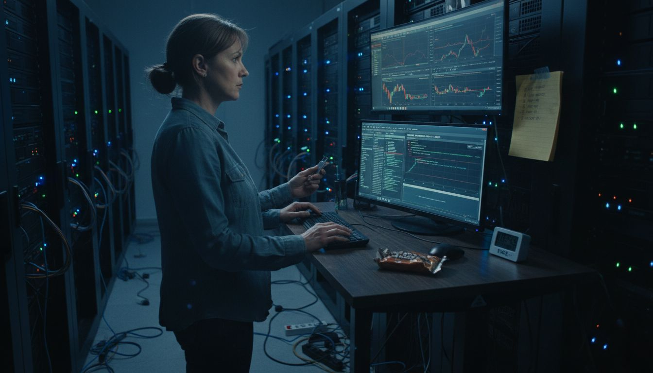 Woman overseeing automated trading server station