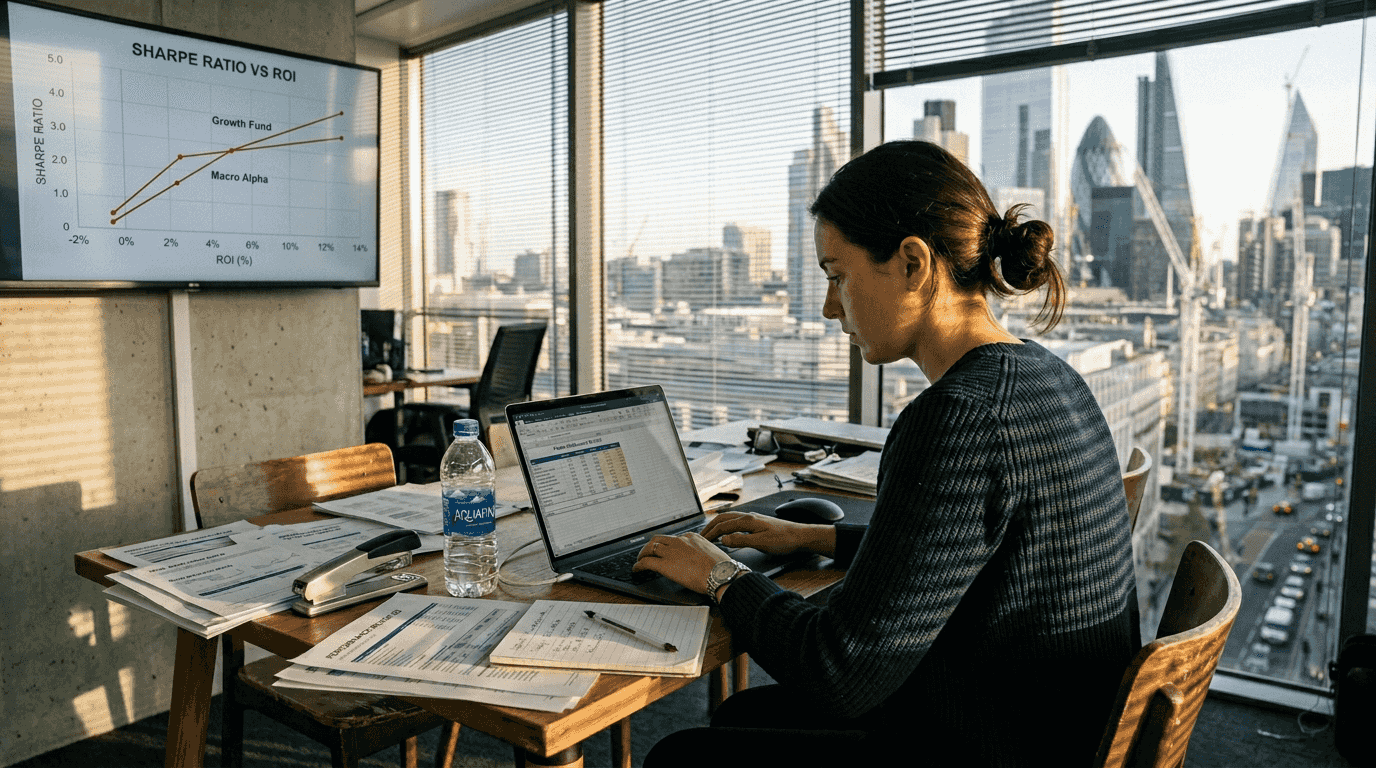 Analyst reviewing trading robot performance metrics