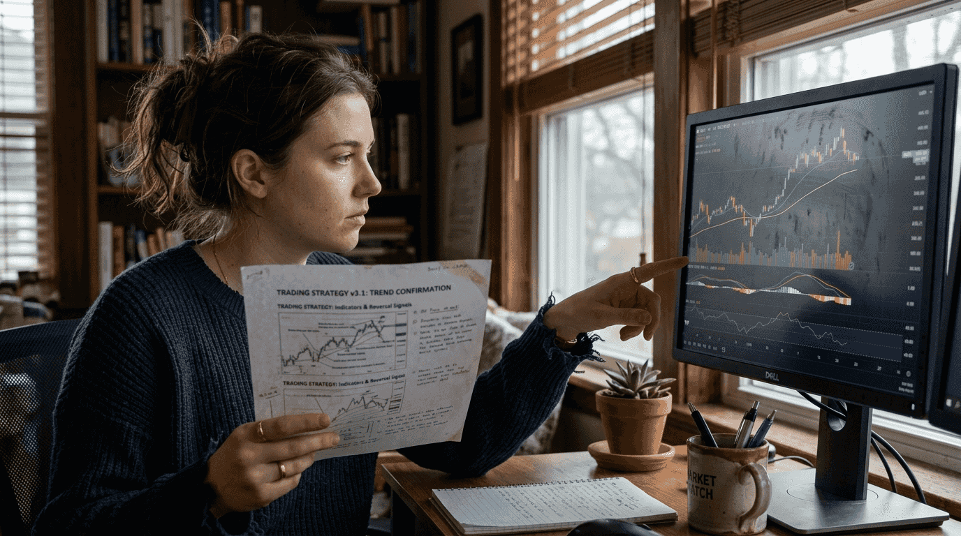 Woman comparing strategy to trading indicators