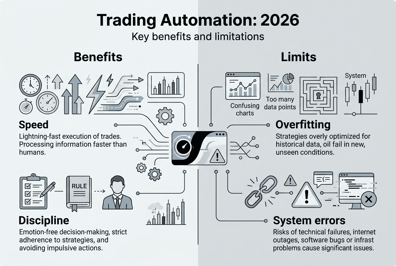Infographic of trading automation benefits and limits