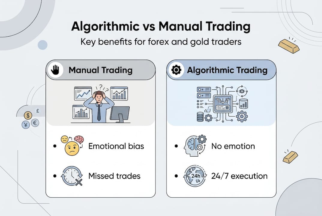 Infographic comparing algorithmic and manual trading benefits